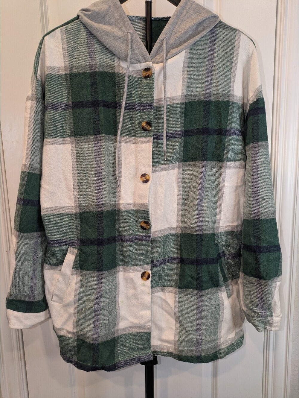 Unbranded Green Plaid Hooded Shacket Oversized Button Front Jacket